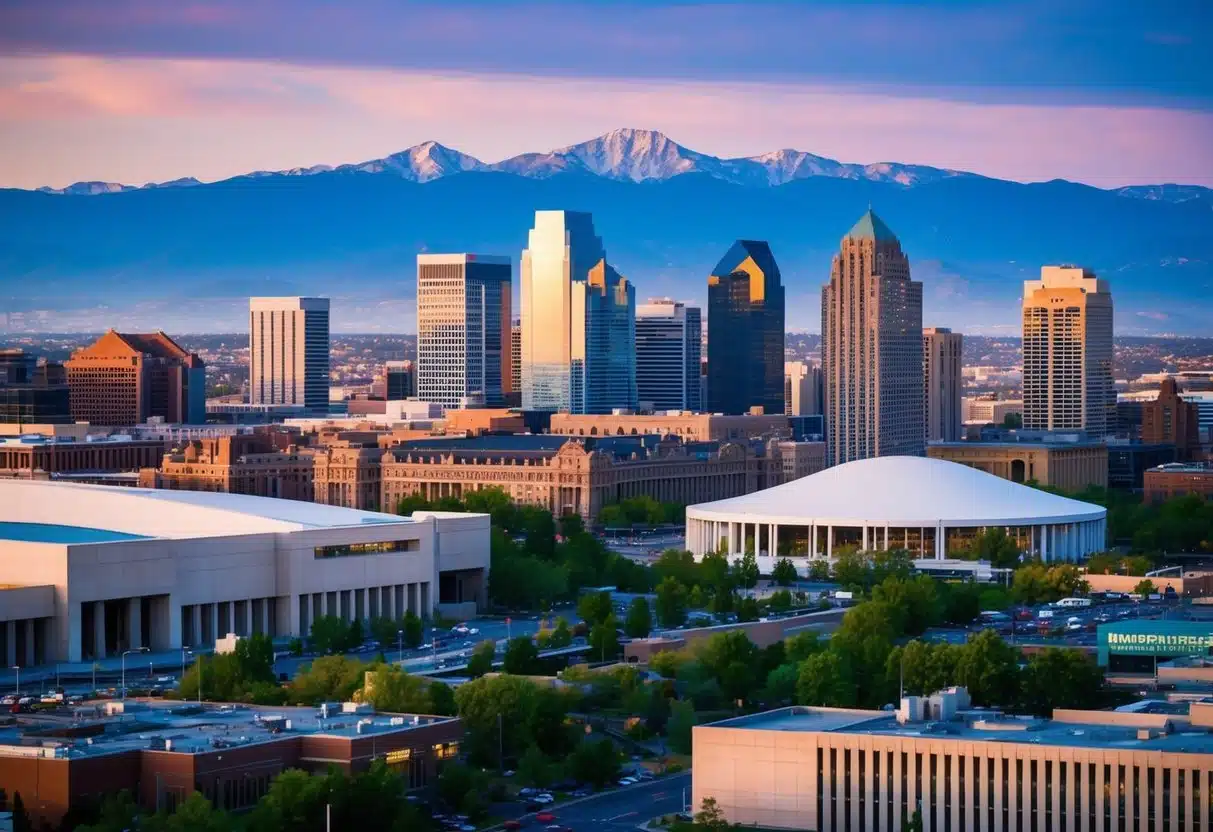A bustling cityscape with mountains in the distance, featuring iconic landmarks such as the Denver Art Museum and Red Rocks Amphitheatre