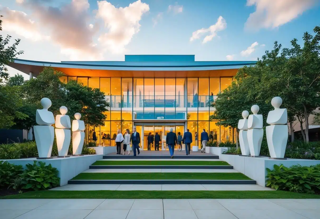 A vibrant, modern building surrounded by sculptures and greenery, with people entering and exiting