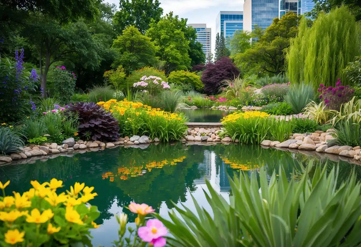 Lush greenery surrounds a tranquil pond, with vibrant flowers and exotic plants in the Denver Botanic Gardens. A peaceful oasis in the heart of the city