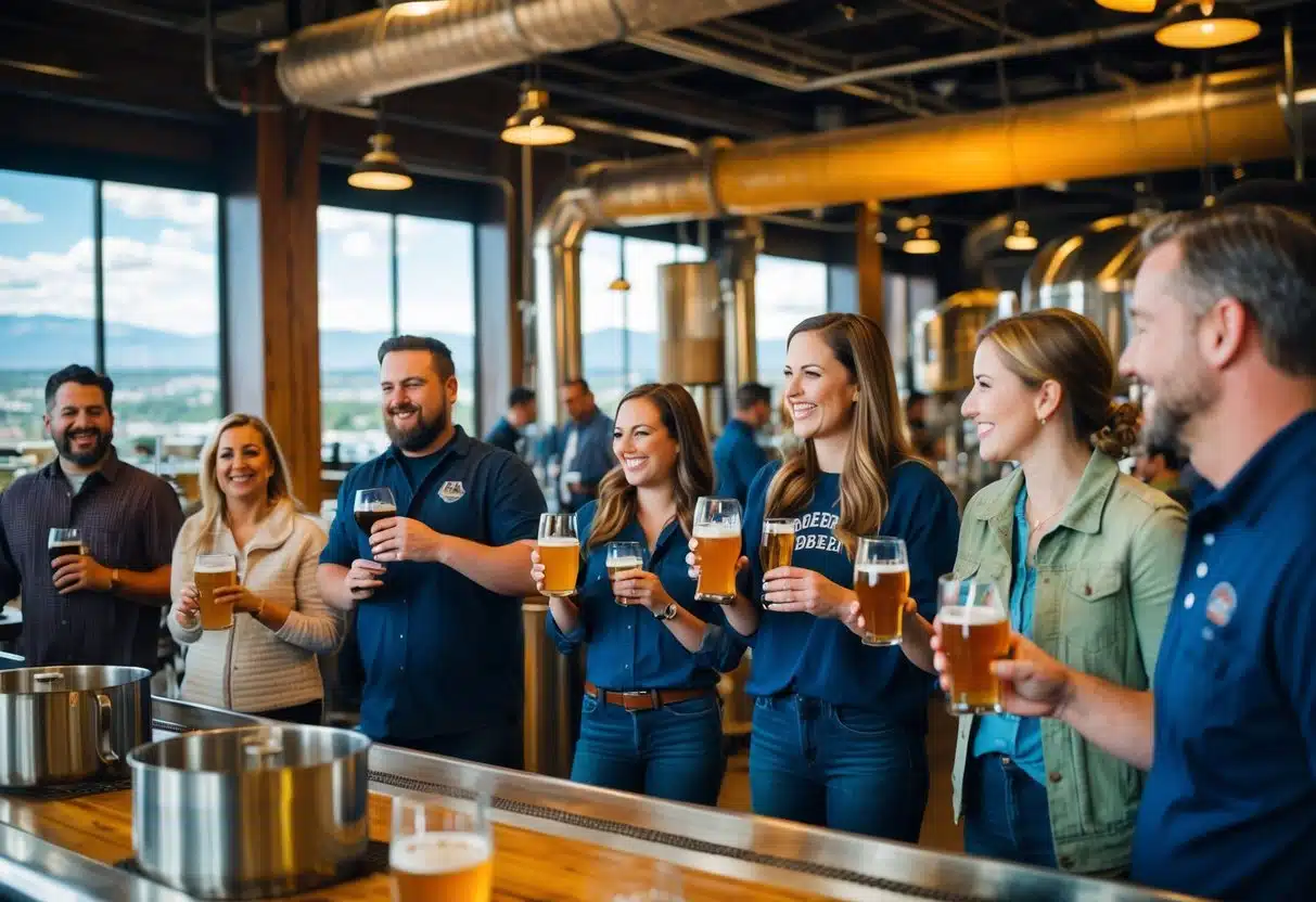 A bustling brewery tour with visitors sampling beer, observing the brewing process, and enjoying the scenic views of Denver, Colorado