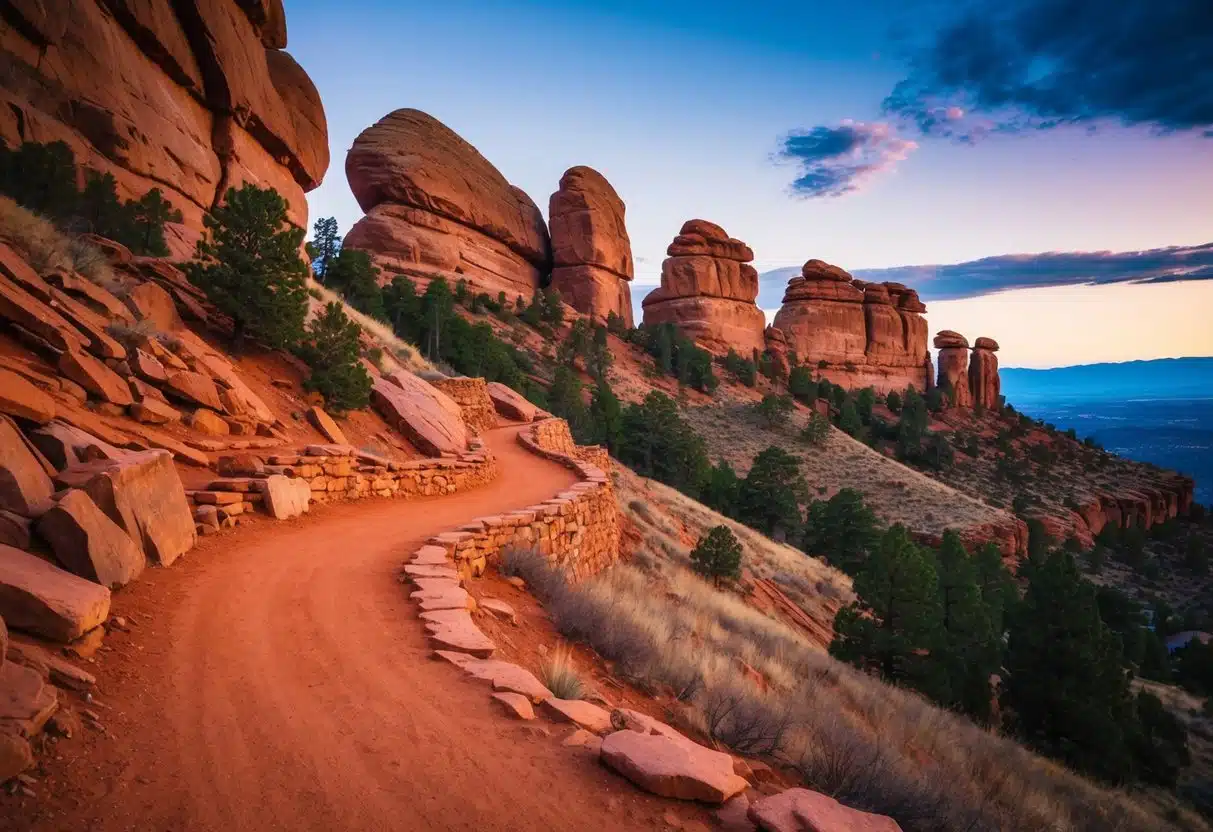 A winding trail leads through towering red rock formations at Red Rocks Park and Amphitheatre in Denver, Colorado