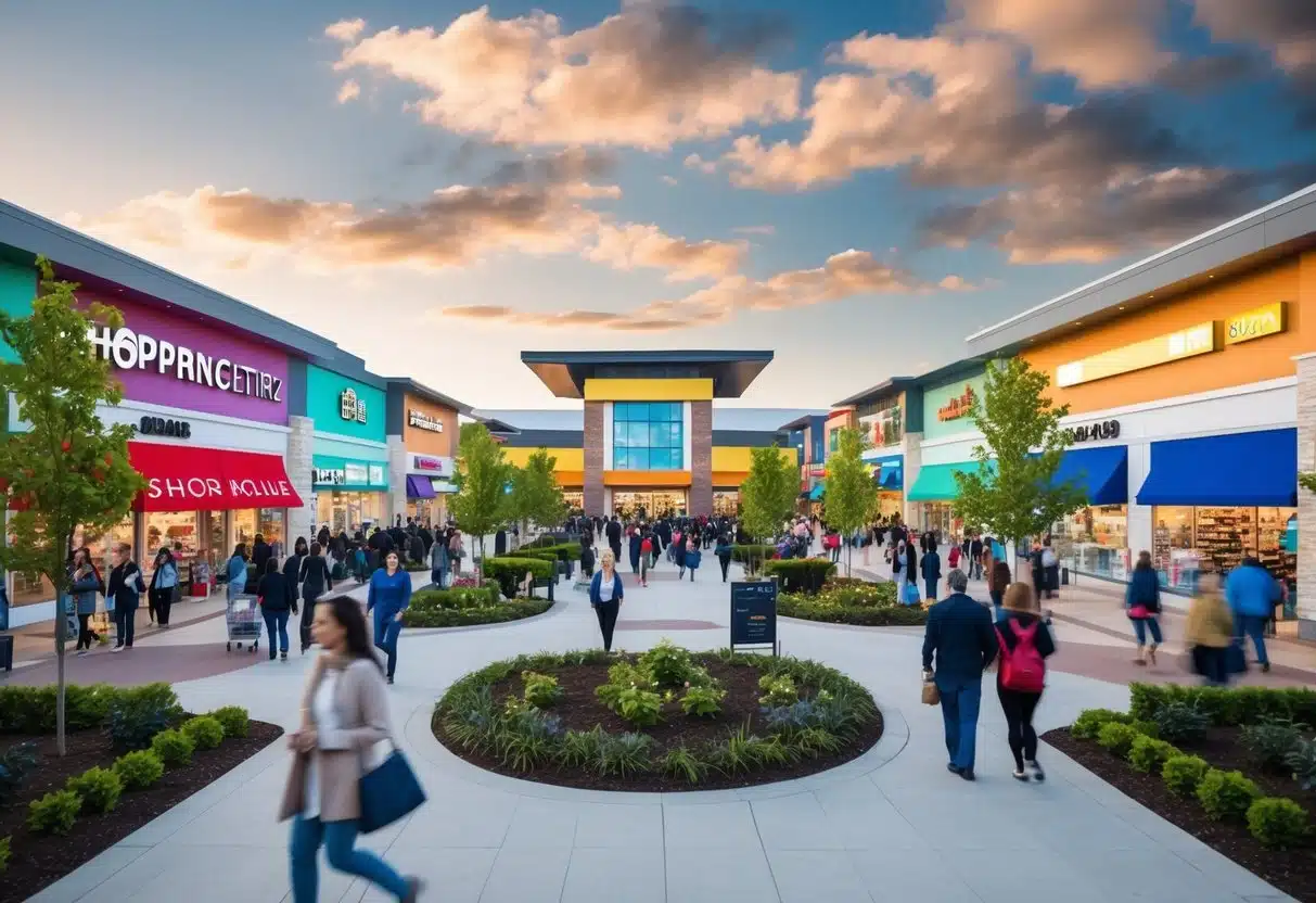 A bustling shopping center with modern architecture and vibrant storefronts, surrounded by lush landscaping and filled with shoppers and visitors