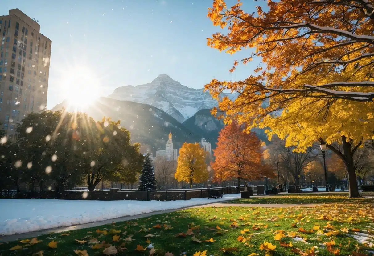 The sun shines over snow-capped mountains as colorful leaves fall in a city park. Snow flurries mix with autumn foliage
