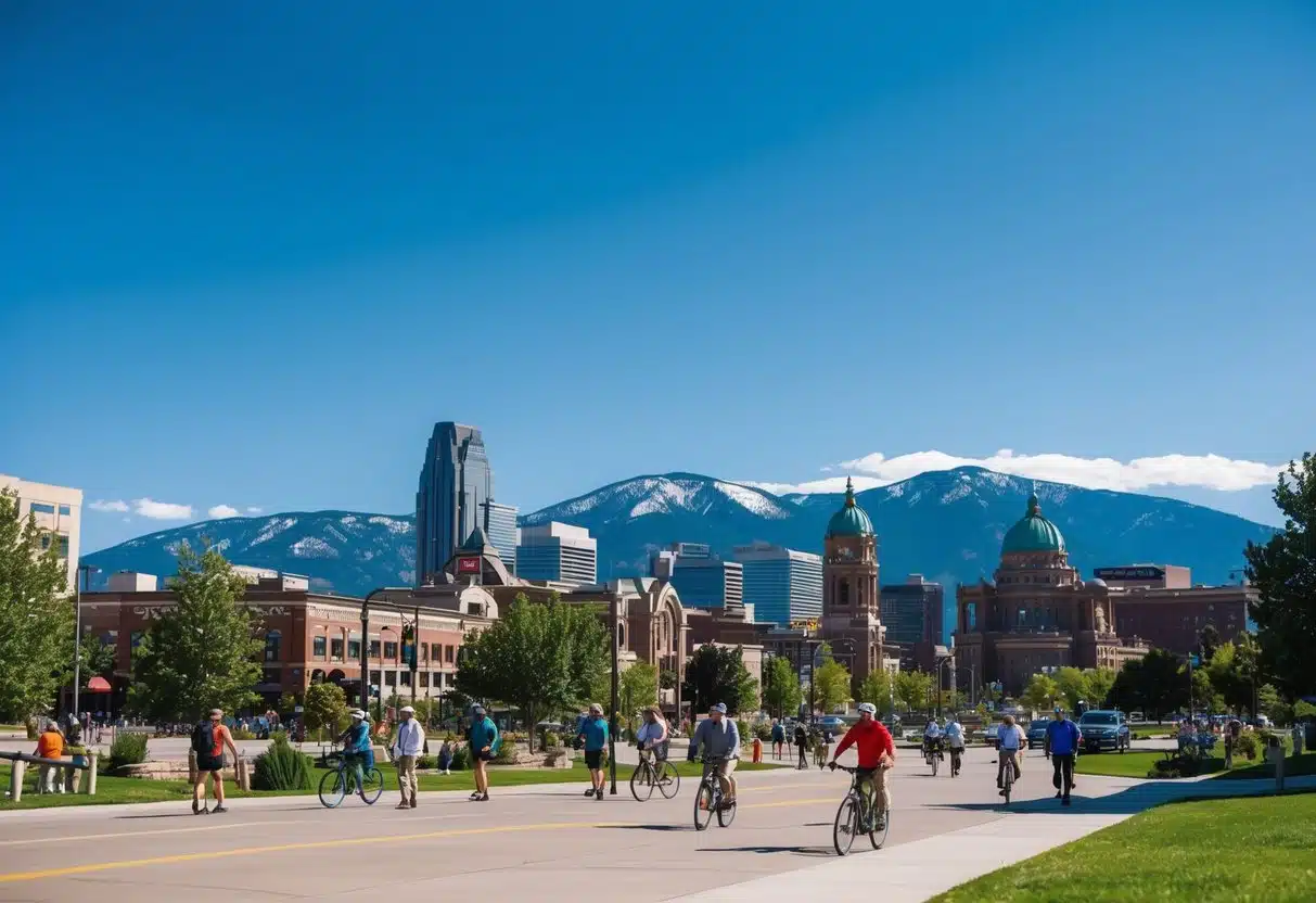 A sunny day in Denver, with a clear blue sky and the Rocky Mountains in the background. A bustling city scene with people enjoying outdoor activities like hiking, biking, and visiting local landmarks