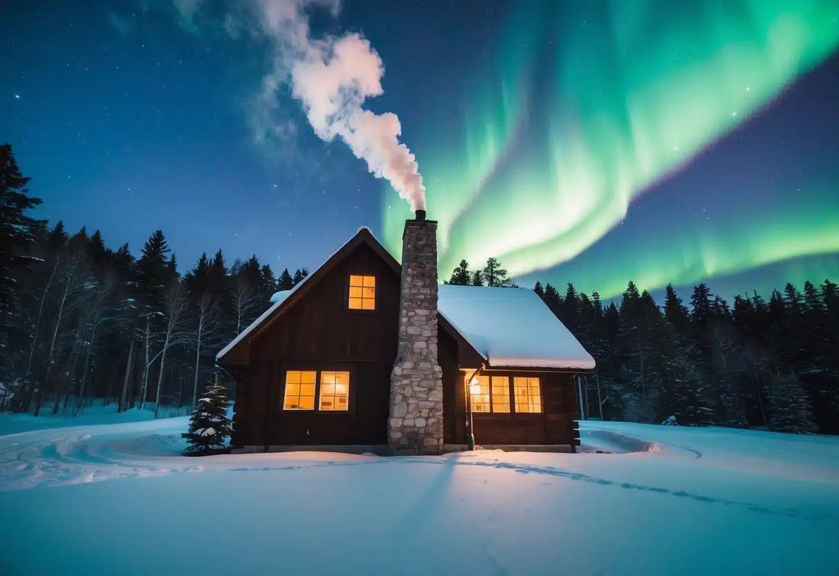 A cozy cabin nestled in a snowy forest, with smoke curling from the chimney and the northern lights dancing in the starry sky above