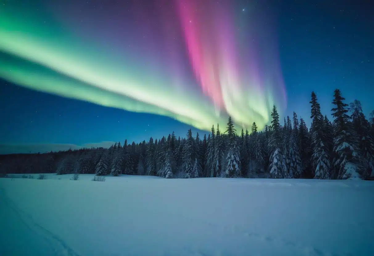 A snow-covered forest with a clear night sky, the vibrant colors of the northern lights dancing above the treetops