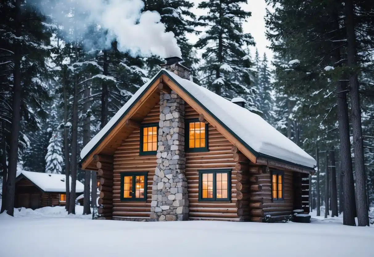 A cozy log cabin surrounded by snow-covered pine trees, with smoke curling from the chimney and a warm glow emanating from the windows