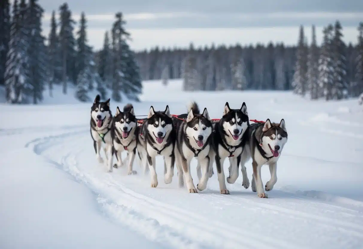 A team of huskies pulling a sled through a snowy, forested landscape in Lapland, Finland