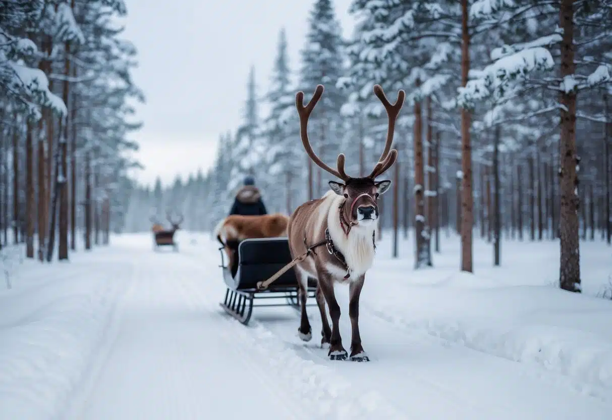 A reindeer pulls a sleigh through a snowy forest in Lapland, Finland. Snow-covered trees line the path as the sleigh glides through the winter wonderland