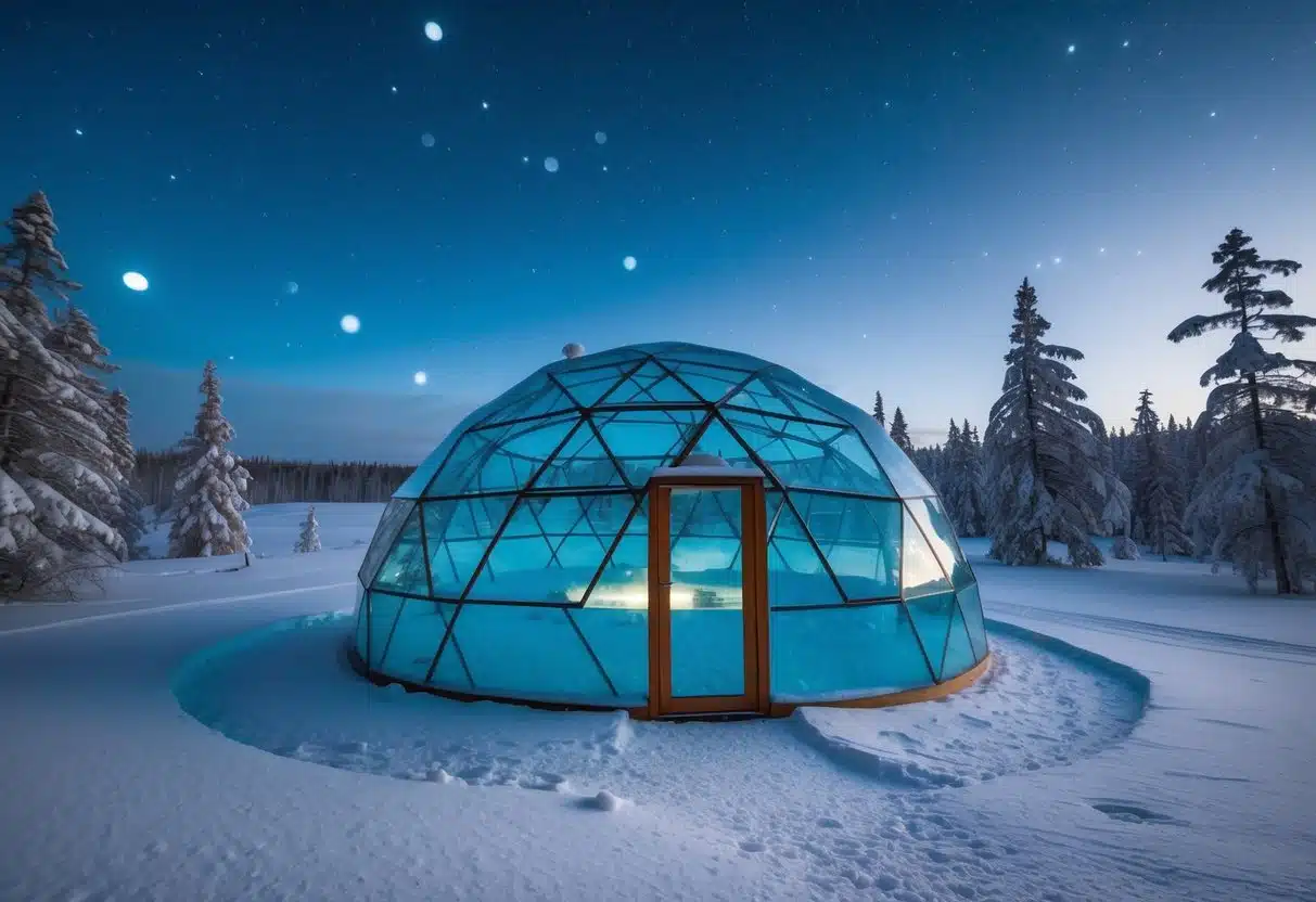 A glass igloo in Lapland, Finland, surrounded by snow-covered trees under a starry winter sky