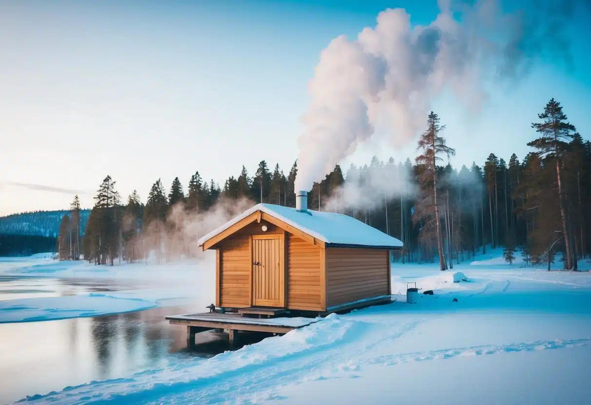 Snow-covered landscape with a wooden sauna cabin emitting steam, surrounded by pine trees and a frozen lake in Lapland, Finland
