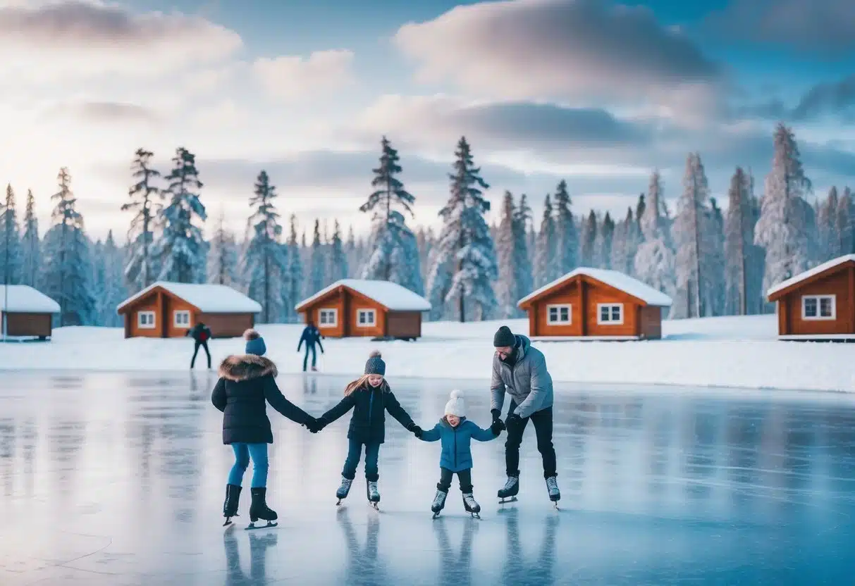 Families ice skating on a frozen lake, surrounded by snow-covered trees and cozy cabins at Kotatieva Winter Leisure Park in Lapland, Finland