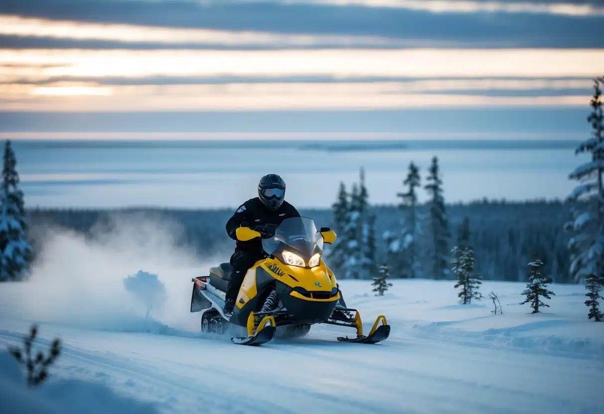 A snowmobiler races through a snowy forest in Lapland, Finland, with the vast Arctic wilderness stretching out in the background