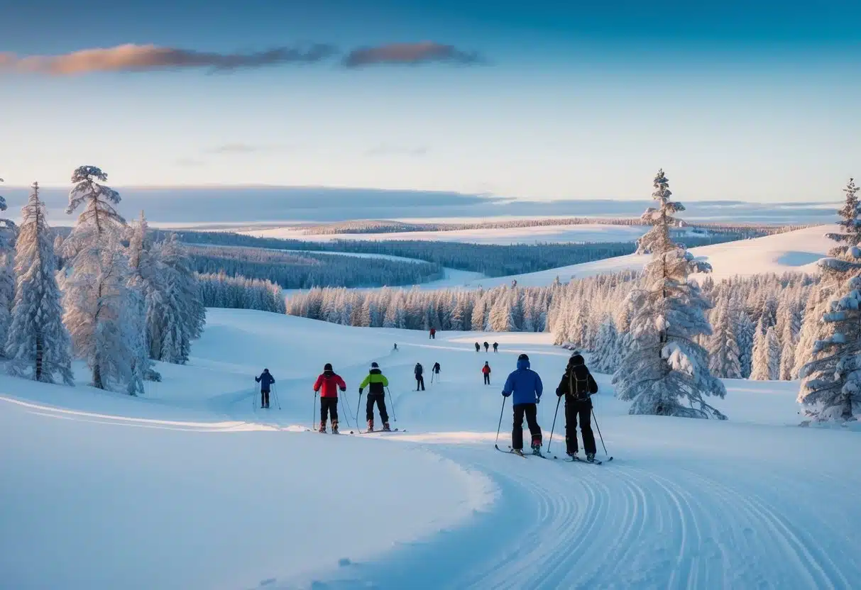 A serene winter landscape in Lapland, Finland, with snow-covered trees and rolling hills, featuring cross-country skiers and snowshoers enjoying the pristine surroundings