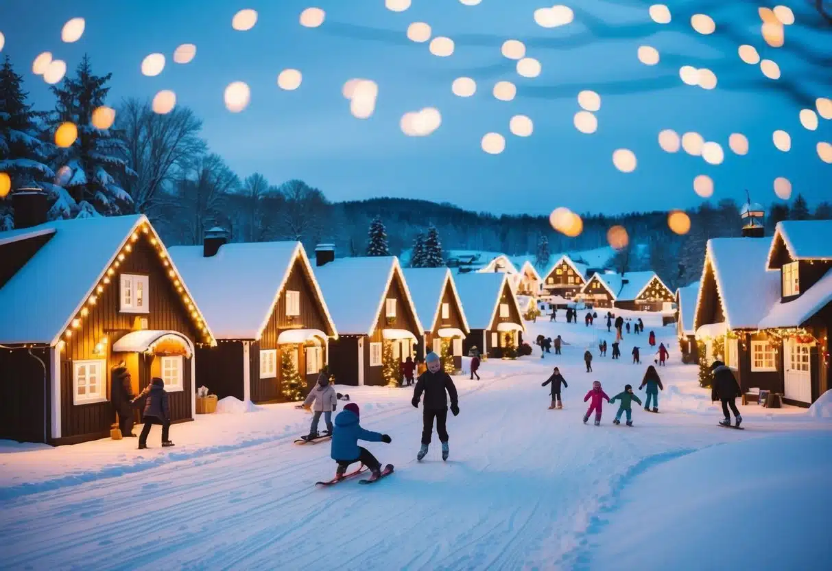 A cozy snow village nestled in a winter wonderland, with twinkling lights, snow-covered cottages, and people enjoying outdoor activities like sledding and ice skating