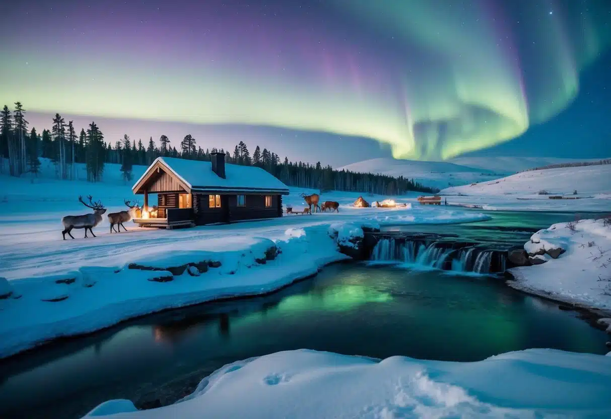 A snowy landscape with a cozy cabin, reindeer, Northern Lights, and a frozen waterfall in Lapland