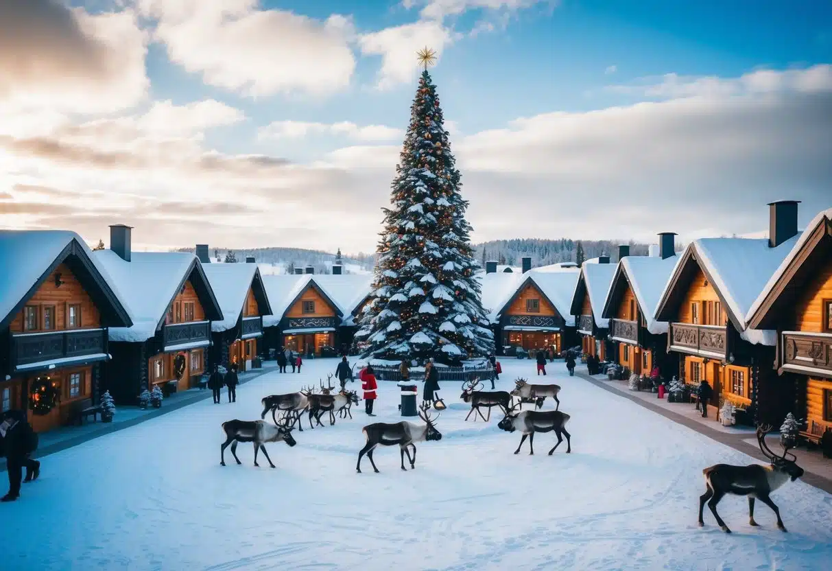 Snow-covered cabins surround a central square with a towering Christmas tree. Reindeer roam freely as visitors explore the festive village