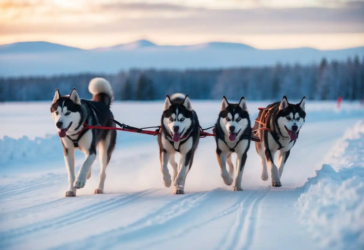 Huskies pulling a sled through snowy Lapland landscape
