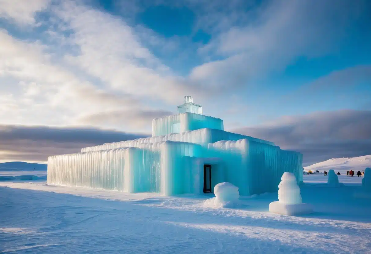 A stunning ice hotel in Jukkasjärvi, Lapland, with intricate ice sculptures and a magical winter landscape