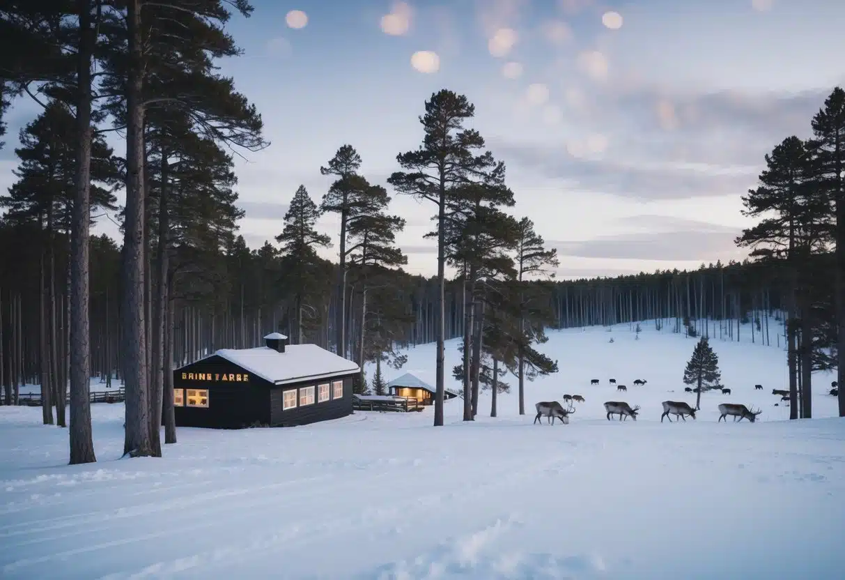 A snowy landscape with a cozy reindeer farm nestled among tall pine trees, with reindeer grazing in the distance