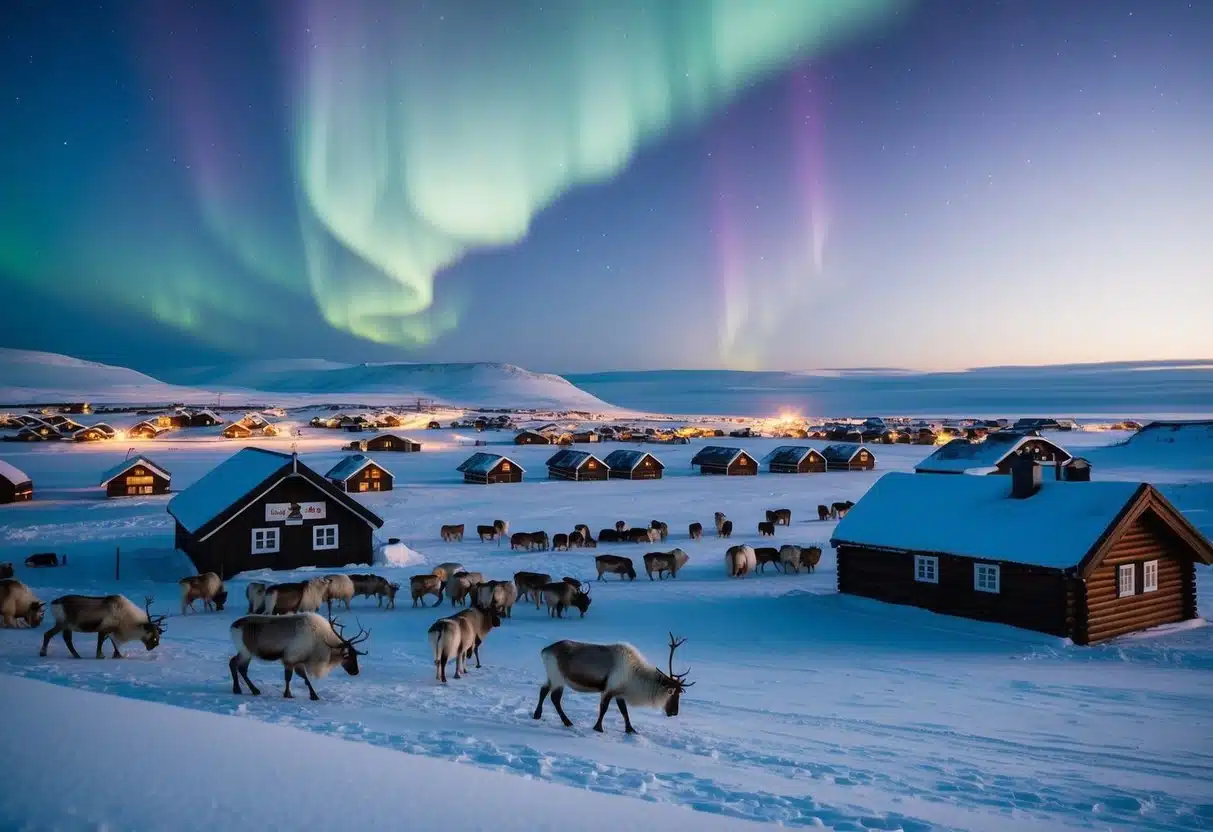 A snowy landscape with a traditional Sami village, reindeer herds, Northern Lights, and a cozy log cabin
