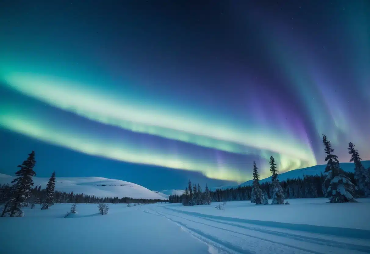 Aurora borealis dances over snowy mountains and pine forests in Lapland, Finland