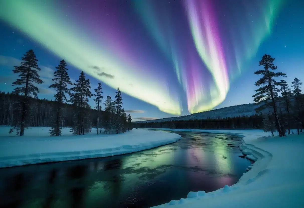 A snowy landscape with towering pine trees, a frozen river, and a colorful display of the northern lights dancing across the night sky in Lapland's national parks