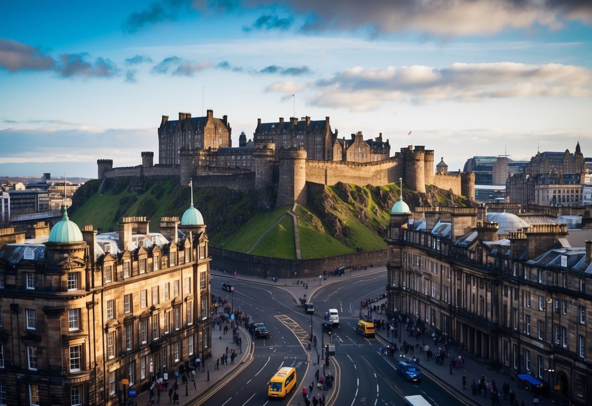 A view of Edinburgh Castle overlooking the city's historic architecture, with tourists exploring the Royal Mile and enjoying the lively atmosphere