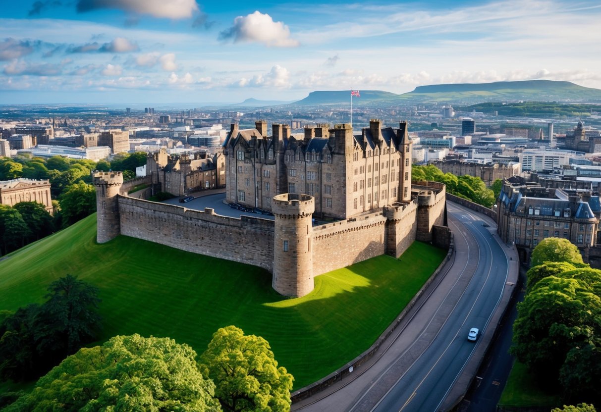 The grand Edinburgh Castle overlooks the city, surrounded by lush greenery and historic stone walls