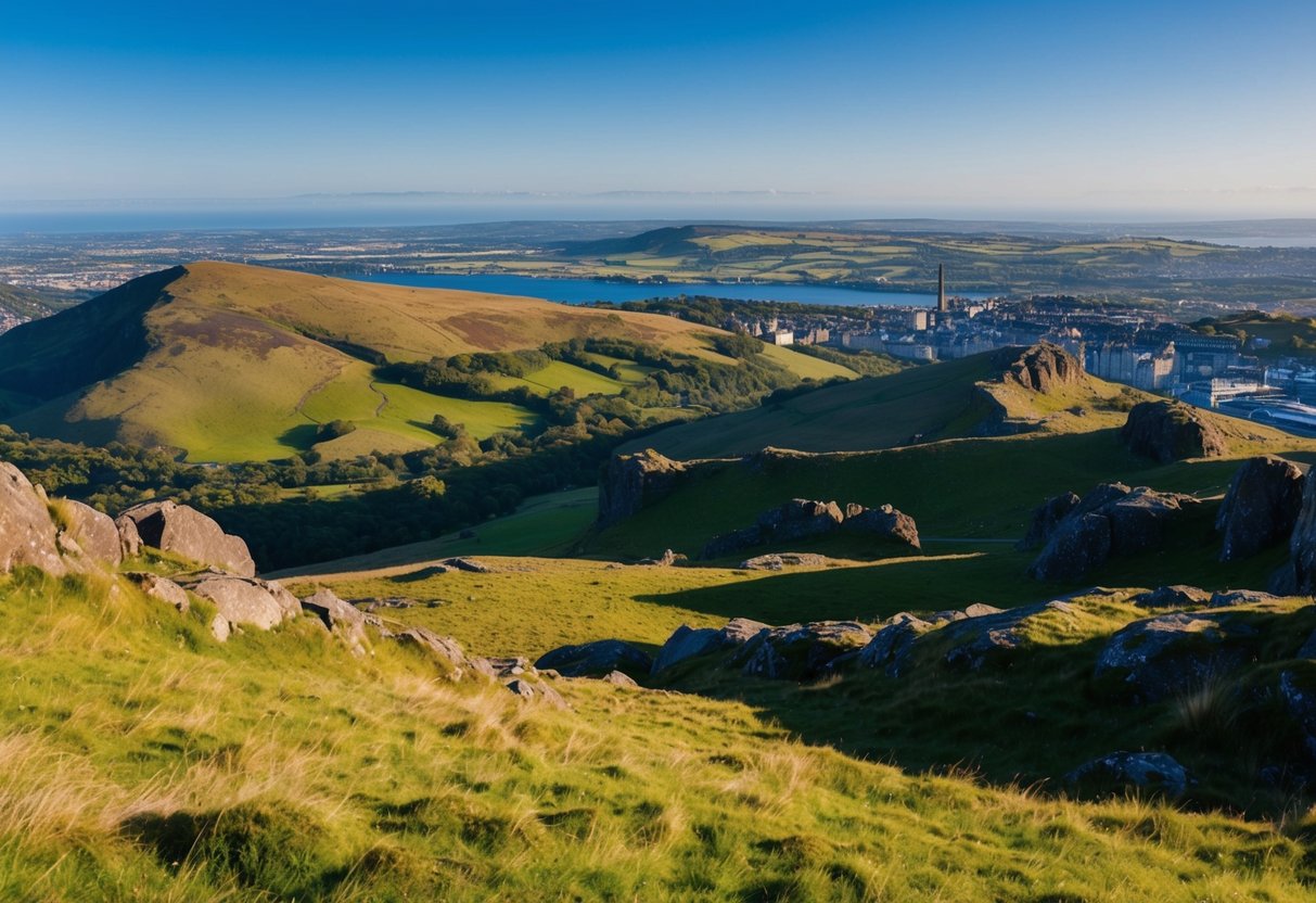 A panoramic view of Arthur's Seat, with rolling hills, rocky outcrops, and a clear blue sky, showcasing the natural beauty of Edinburgh, Scotland