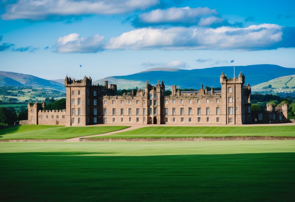 The majestic Holyrood Palace stands against a backdrop of rolling green hills, with a clear blue sky overhead. A sense of history and grandeur emanates from the ancient stone walls