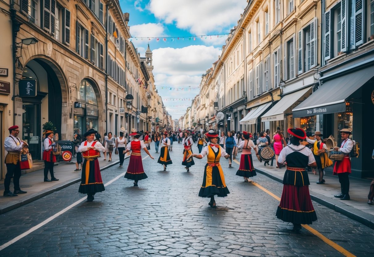 A bustling street with historic buildings, shops, and street performers. Tourists explore while locals go about their day