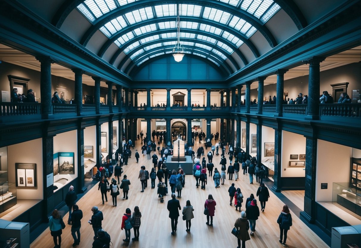 The National Museum of Scotland in Edinburgh, Scotland, bustling with visitors exploring exhibits and admiring the architecture