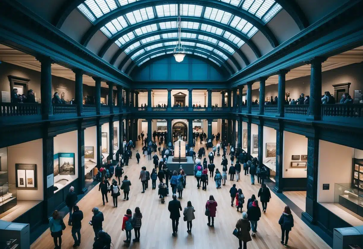 The National Museum of Scotland in Edinburgh, Scotland, bustling with visitors exploring exhibits and admiring the architecture