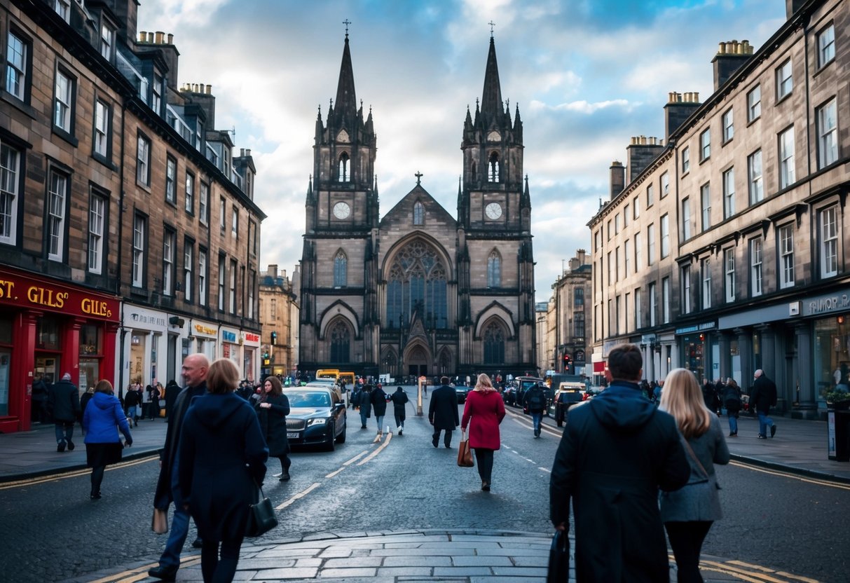 St Giles' Cathedral, surrounded by historic buildings, bustling streets, and a vibrant atmosphere in Edinburgh, Scotland