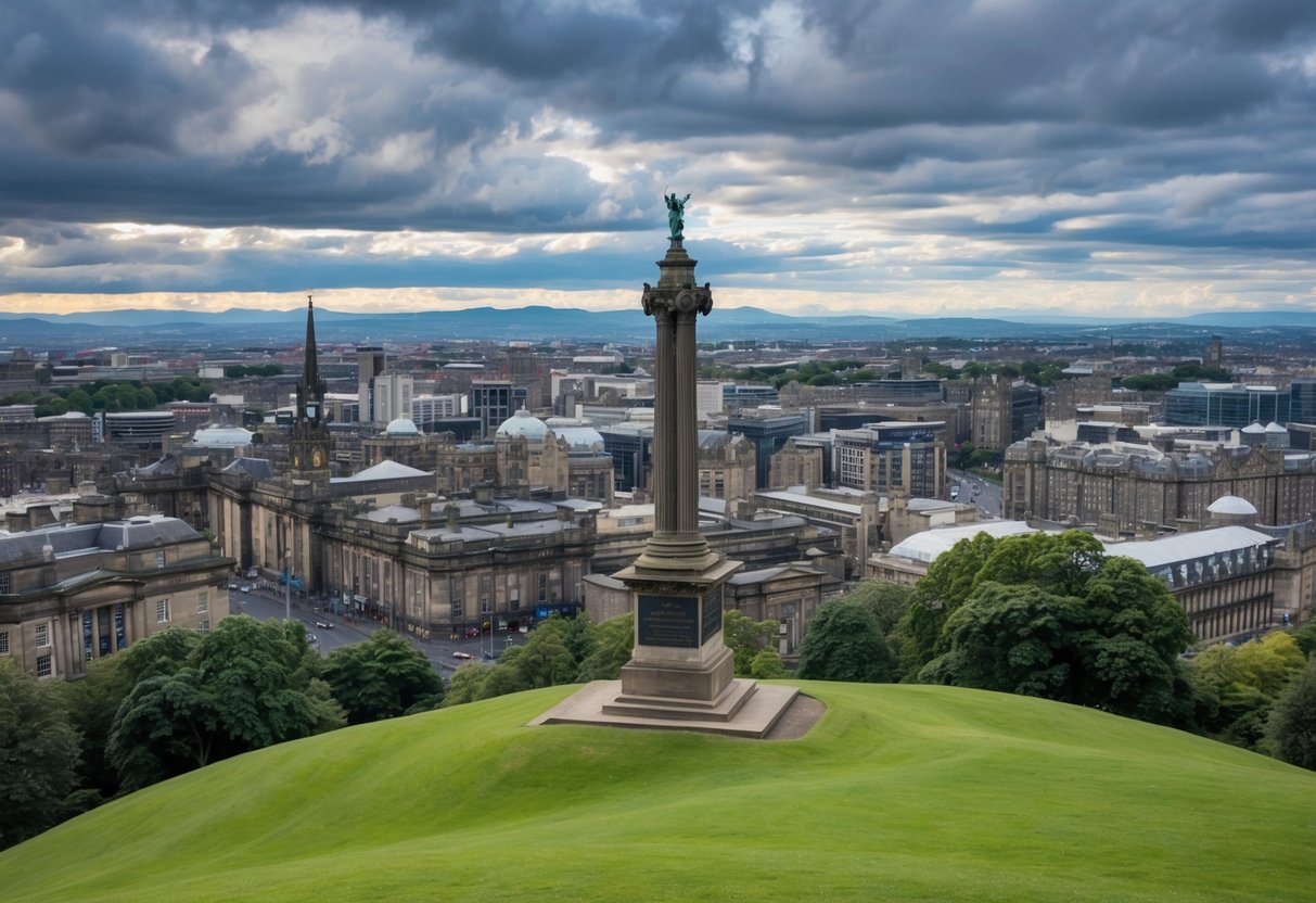 Atop Calton Hill, a panoramic view of Edinburgh, Scotland unfolds. The iconic Dugald Stewart Monument stands against the backdrop of the city's historic architecture