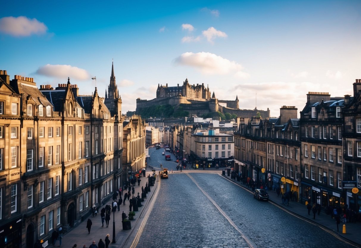 The Edinburgh skyline with its iconic castle, cobblestone streets, and historic architecture, bustling with tourists and locals alike