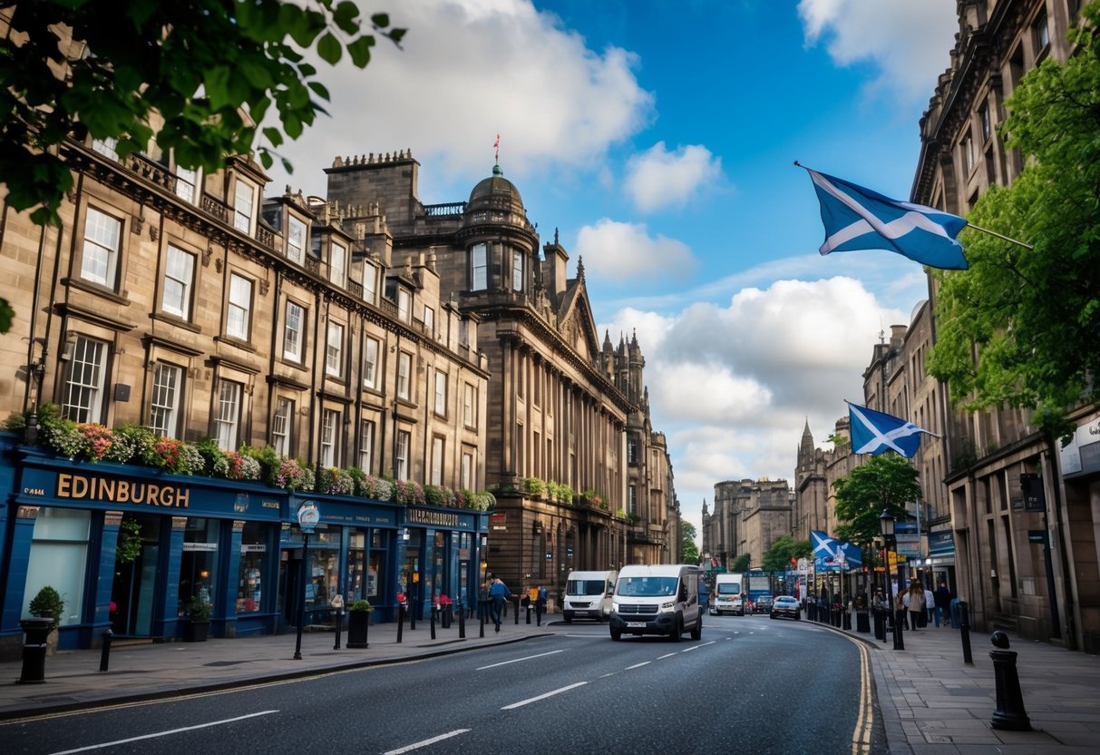 A bustling Edinburgh street with a mix of historic and modern buildings, surrounded by lush greenery and adorned with traditional Scottish flags