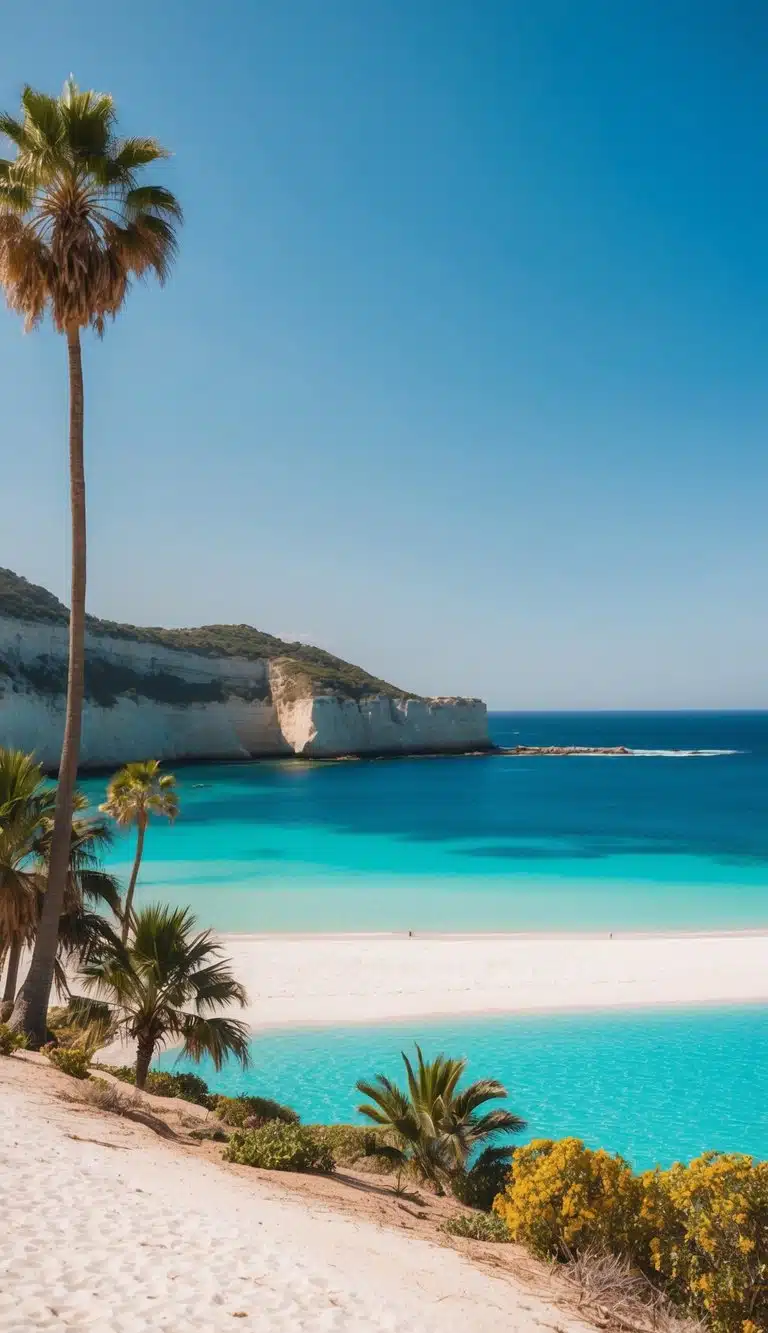 A vibrant beach with turquoise waters, white sand, and palm trees, nestled against a backdrop of rugged cliffs and clear blue skies