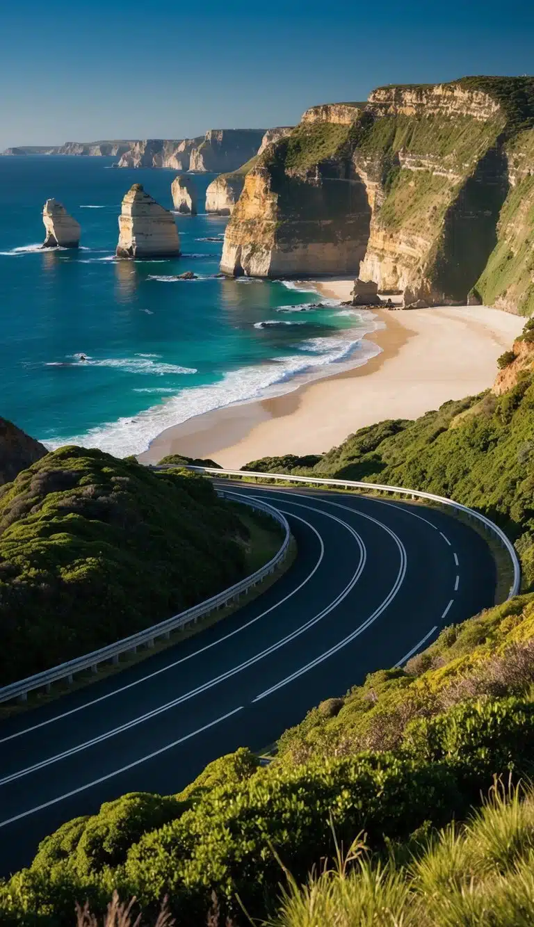 A winding coastal road with cliffs, beaches, and lush greenery, leading to iconic landmarks like the Twelve Apostles and Loch Ard Gorge