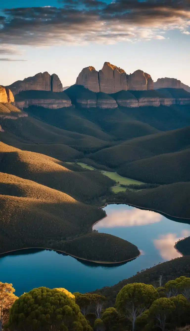 The rugged peaks of Grampians National Park rise above lush valleys and shimmering lakes in Victoria, Australia