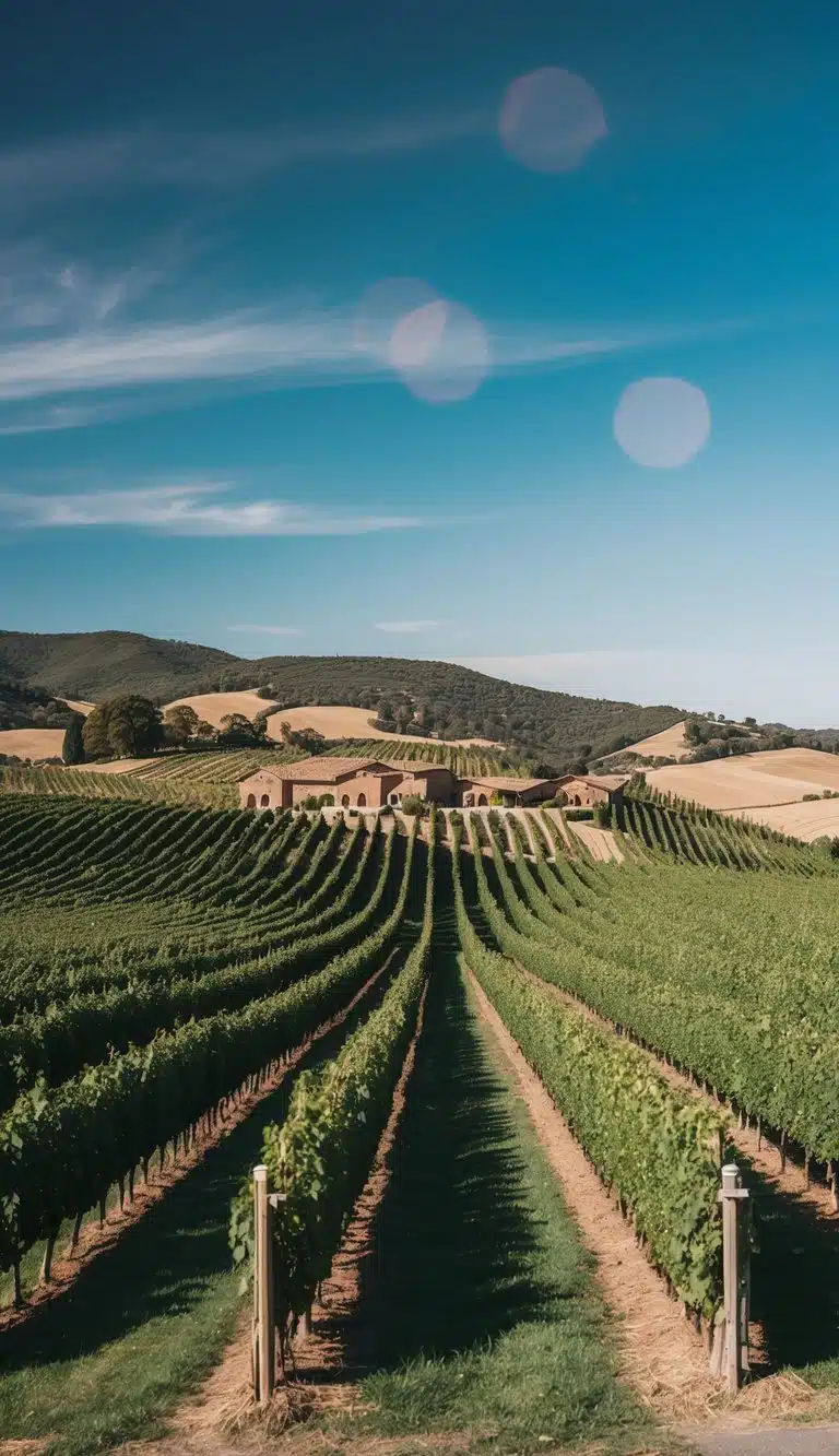 Rolling hills lined with vineyards, dotted with rustic wineries and cellar doors, under a clear blue sky
