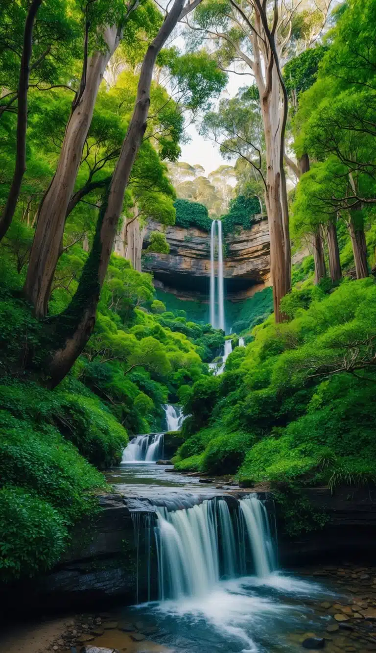 Lush green forest with towering trees, winding paths, and cascading waterfalls in the Dandenong Ranges, Victoria, Australia