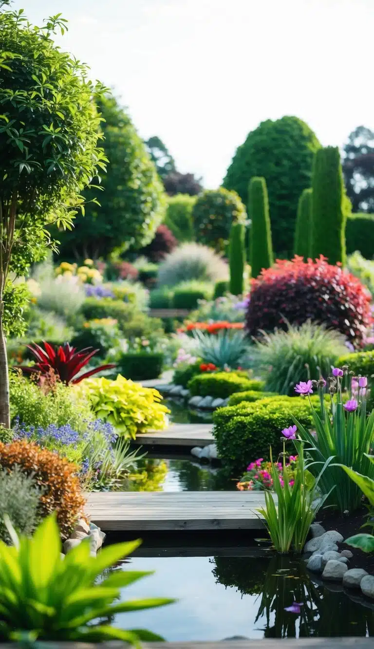 Lush gardens with diverse flora, ponds, and walking paths