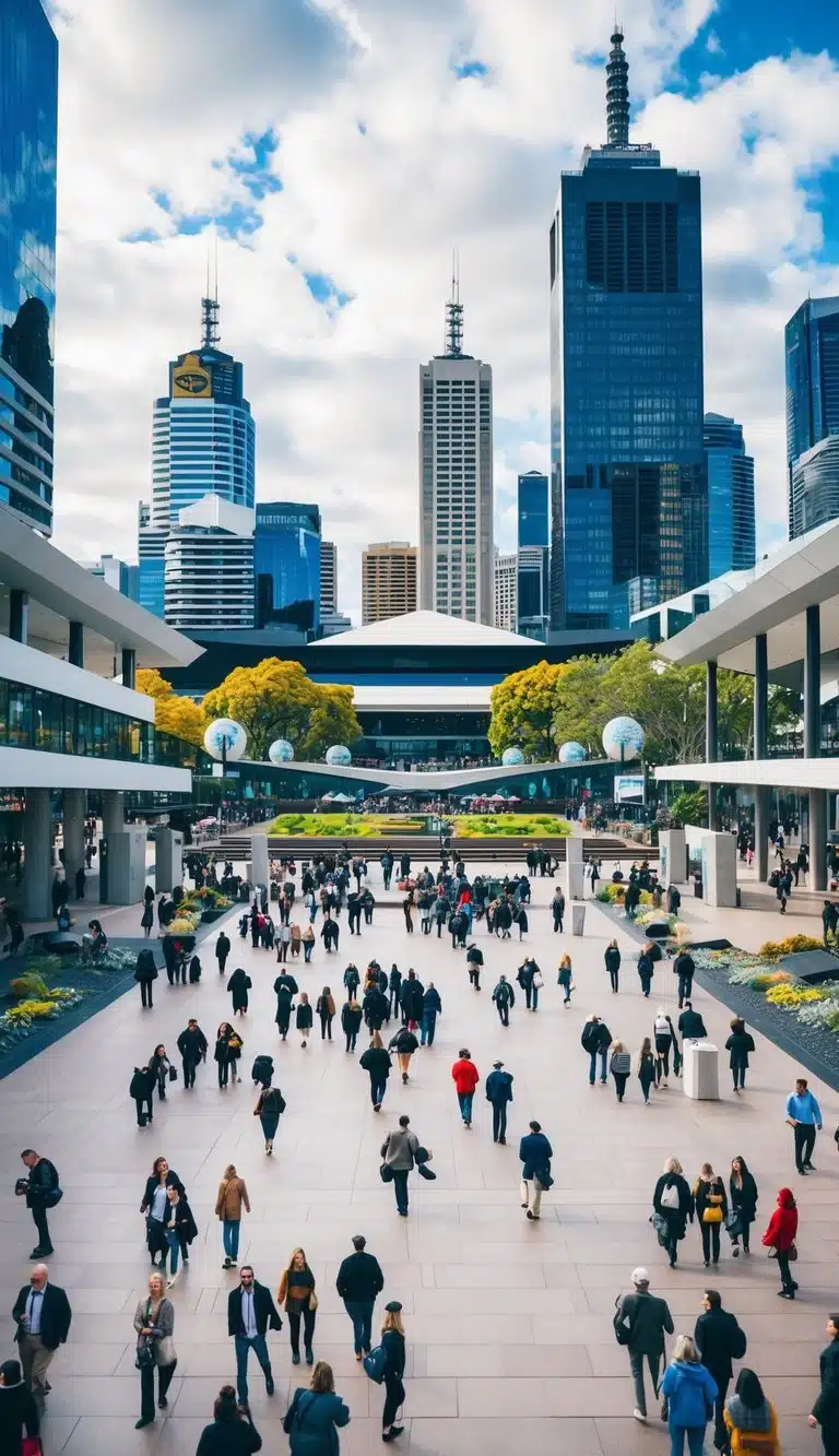 Federation Square in Melbourne, Victoria, Australia, bustling with visitors, surrounded by modern architecture and outdoor art installations