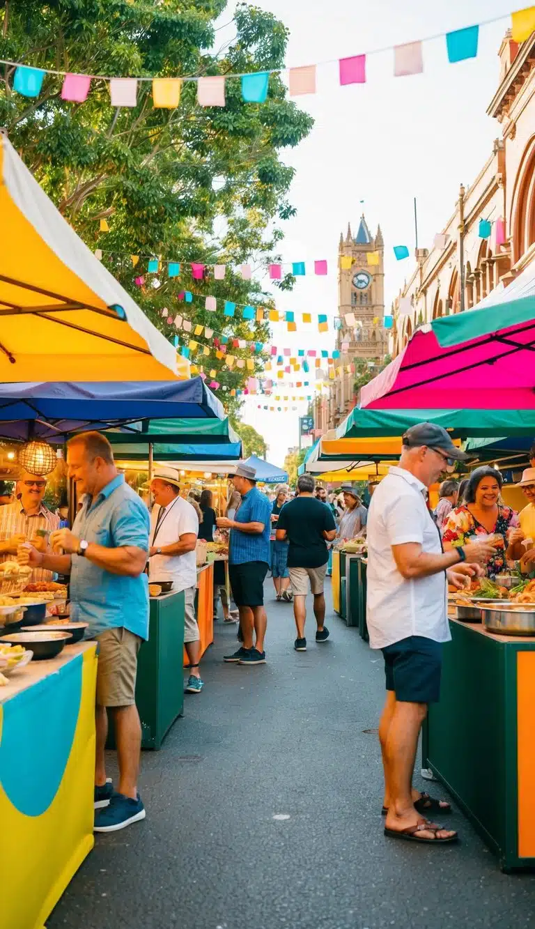 A vibrant street festival in Victoria, Australia, with colorful market stalls, live music, and people enjoying local cuisine and cultural performances