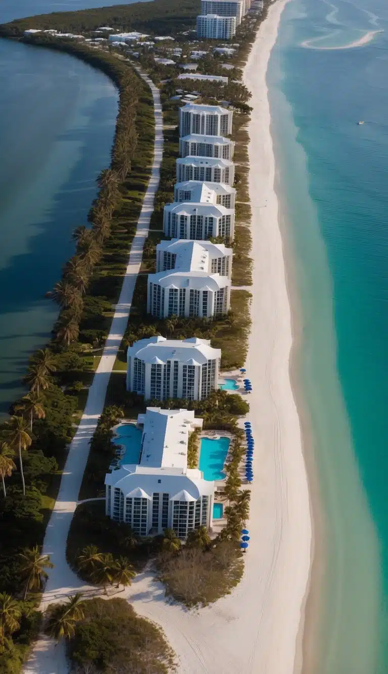 Aerial view of 7 luxurious resorts nestled along the pristine white sand beaches of Siesta Key, with palm trees swaying in the gentle sea breeze
