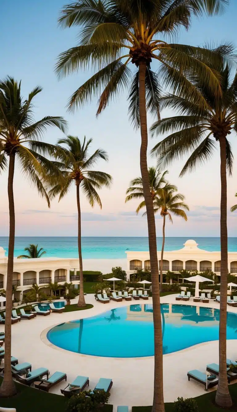 A luxurious beachfront resort with palm trees, a pristine white sand beach, and a beautiful pool area surrounded by elegant architecture