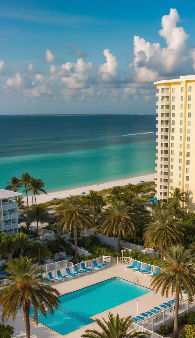 Aerial view of Siesta Key Beach Resort and Suites, with palm trees, pool, and beachfront