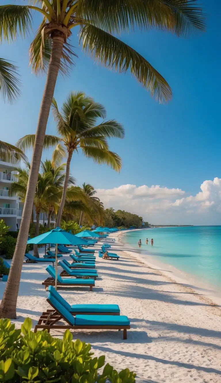 The resort sits on the pristine Siesta Key Beach, surrounded by lush palm trees and crystal-clear waters. Sun loungers and umbrellas dot the sandy shore, while guests relax and enjoy the beautiful ocean views